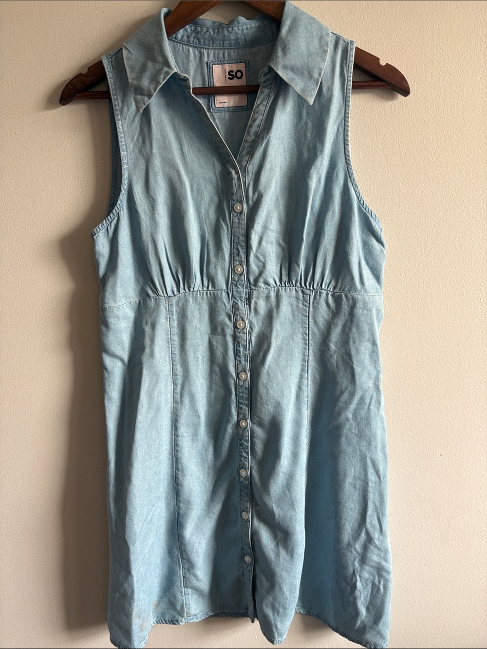 SO Chambray Shirt Dress Sleeveless Button Front Light Wash Mini Large